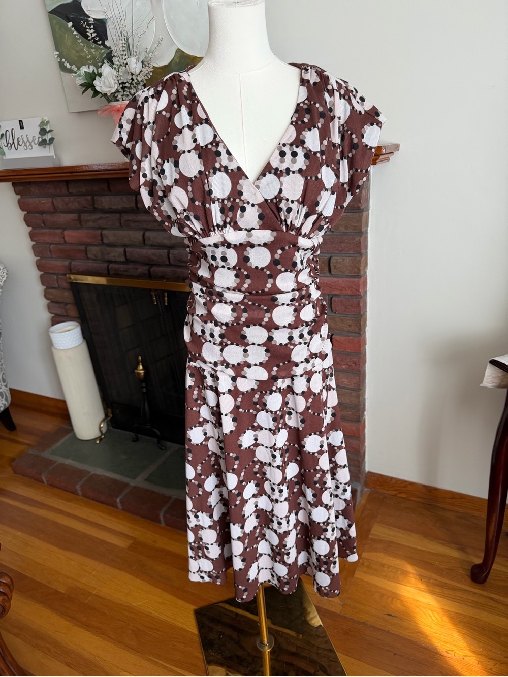Trac Brown and White Polka Dot V-Neck Midi Dress